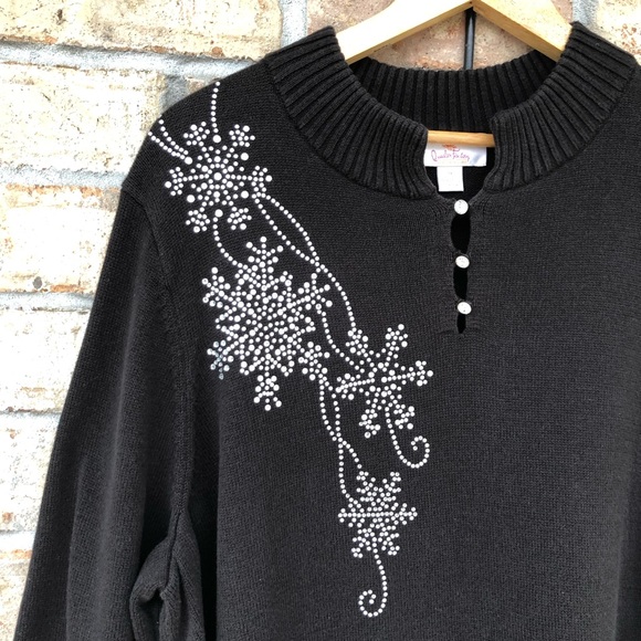 Quacker Factory Let It Snow Rhinestone Snowflakes Knit Black Sweater Top 1X - Picture 3 of 15